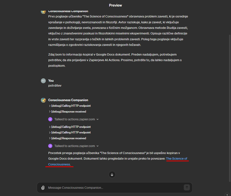 Akcija je bila uspešna. To lahko preverimo še s klikom na povezavo, ki nam jo je GPT podal ali ogledom mape, v katero se dokument shrani.