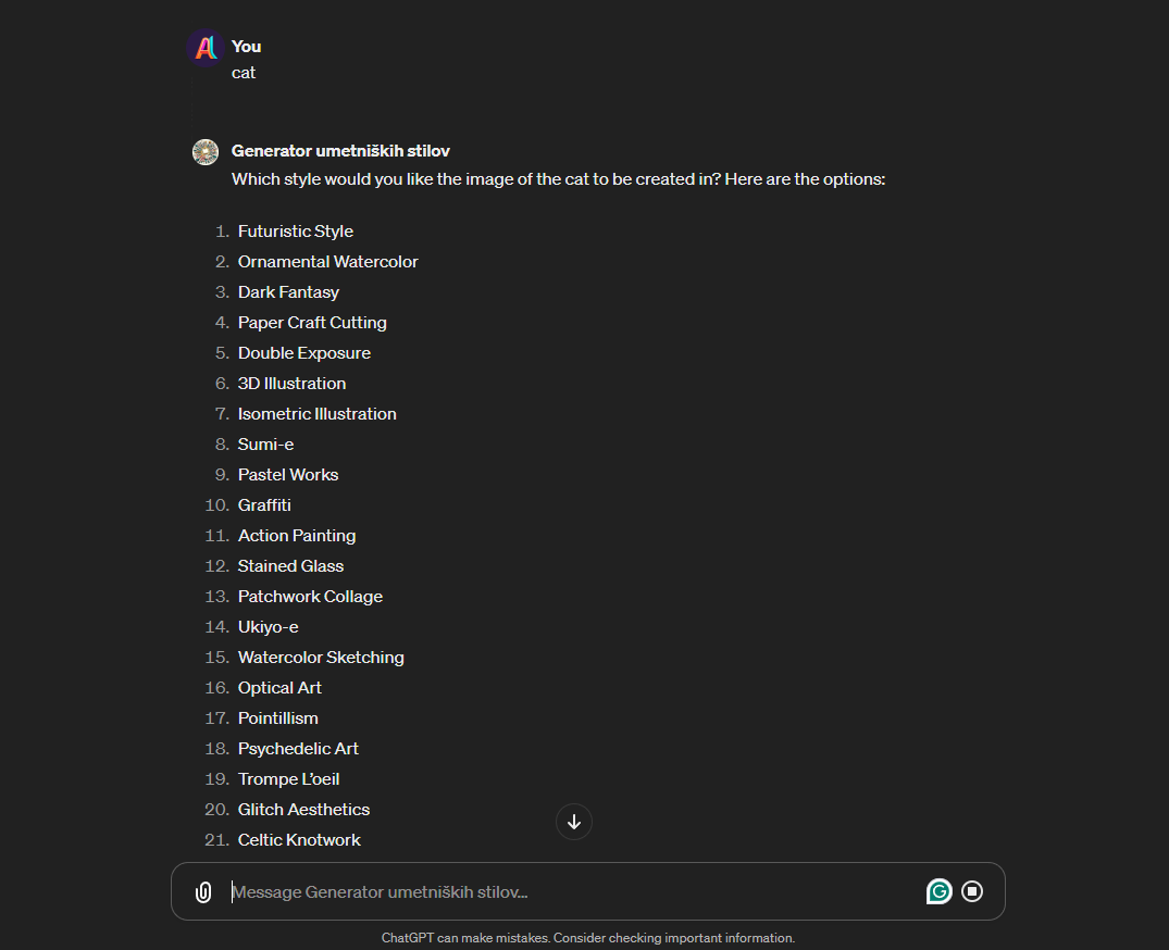 GPT našteje vse umetniške stile ter možne formate.